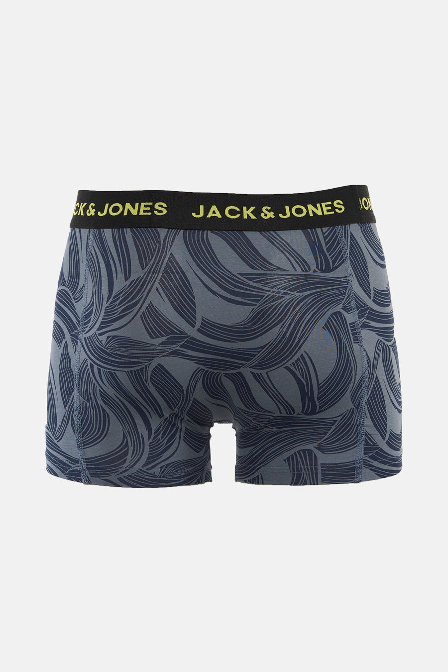 Blauw-grijze boxershort met patroon en zwarte tailleband met gele tekst.