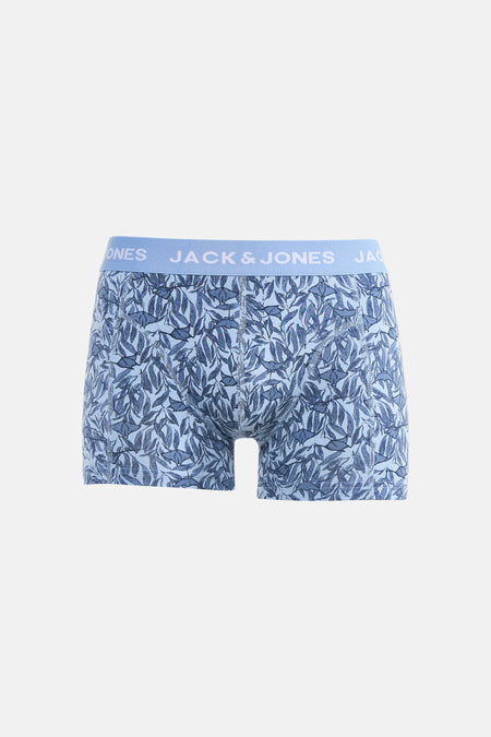 Boxer short bleu d'ACCESSORIES BY JACK & JONES, avec un motif de feuilles et de raies pastenagues.