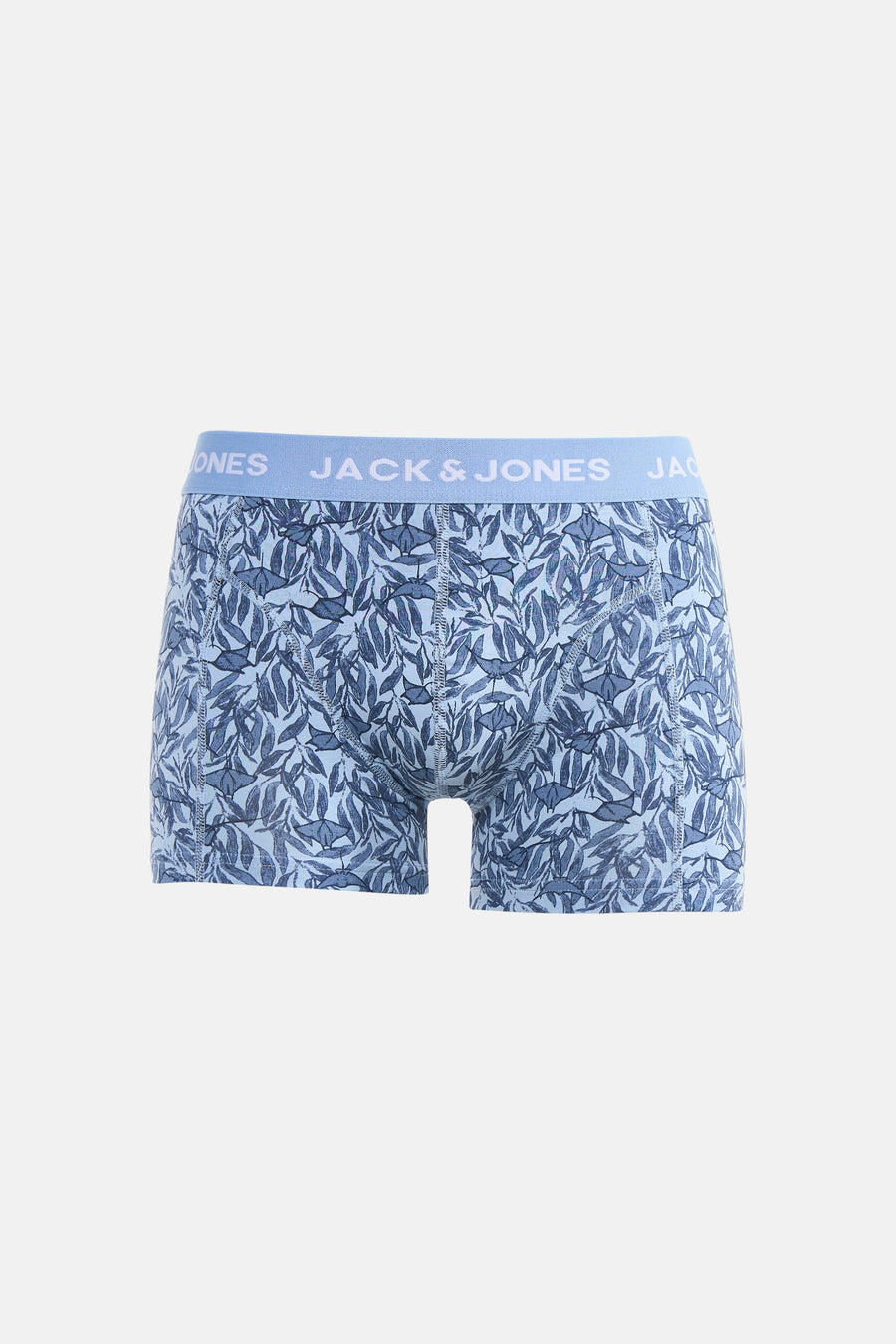 Boxer short bleu d'ACCESSORIES BY JACK & JONES, avec un motif de feuilles et de raies pastenagues.