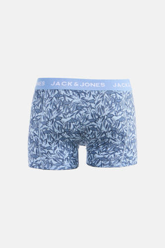Blauwe boxershort van ACCESSORIES BY JACK & JONES, met een bladeren- en stingraypatroon.