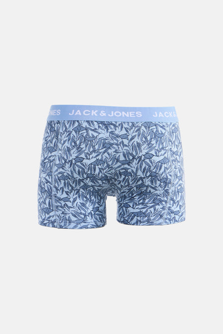 Blauwe boxershort van ACCESSORIES BY JACK & JONES, met een bladeren- en stingraypatroon.