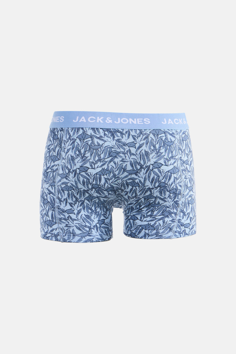 Blauwe boxershort van ACCESSORIES BY JACK & JONES, met een bladeren- en stingraypatroon.