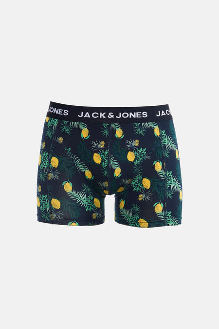 Boxer short bleu d'ACCESSORIES BY JACK & JONES avec un imprimé citron et feuilles de palmier saisissant.