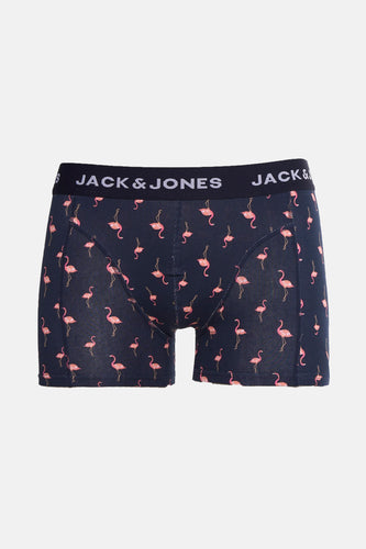Donkerblauwe herenboxers met roze flamingo's en Jack & Jones tailleband.