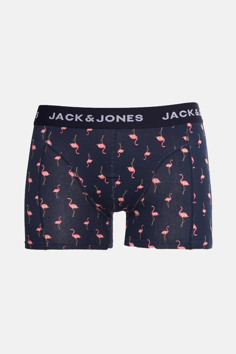 Donkerblauwe herenboxers met roze flamingo's en Jack & Jones tailleband.