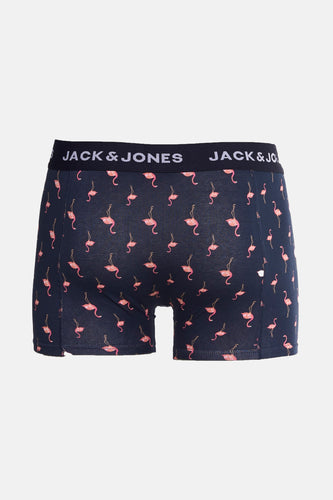 Donkerblauwe Jack & Jones boxershort met roze flamingo print.