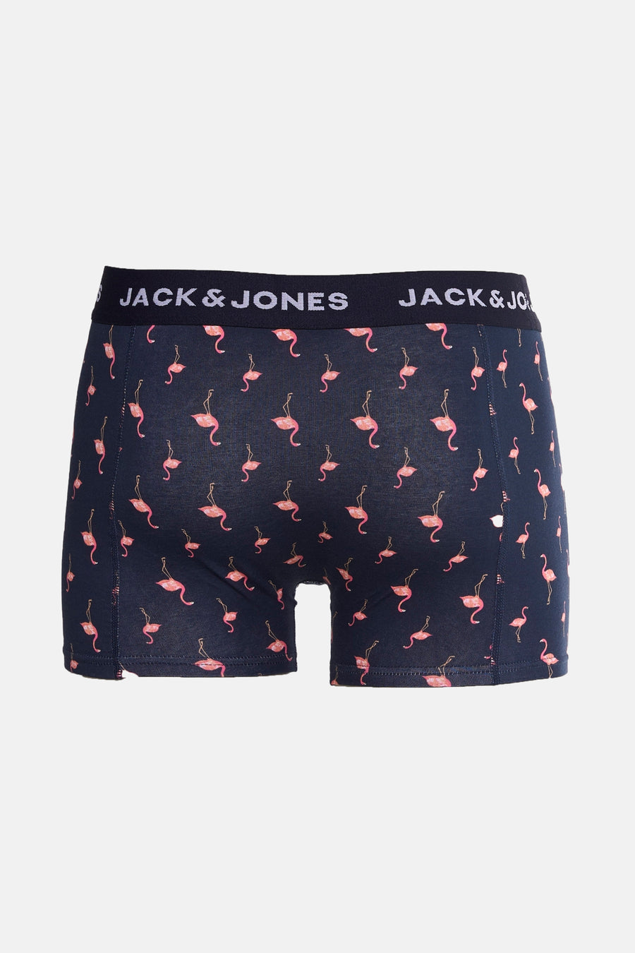 Donkerblauwe Jack & Jones boxershort met roze flamingo print.
