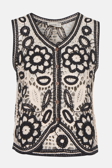 Gilet écru de 24 couleurs avec des motifs floraux crochetés noirs et des boutons en bois.