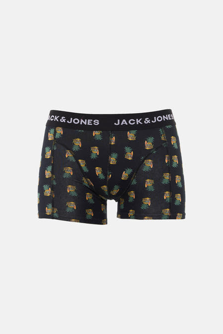 Boxer short noir de Jack & Jones avec un imprimé d'ananas avec des lunettes de soleil et des planches de surf.