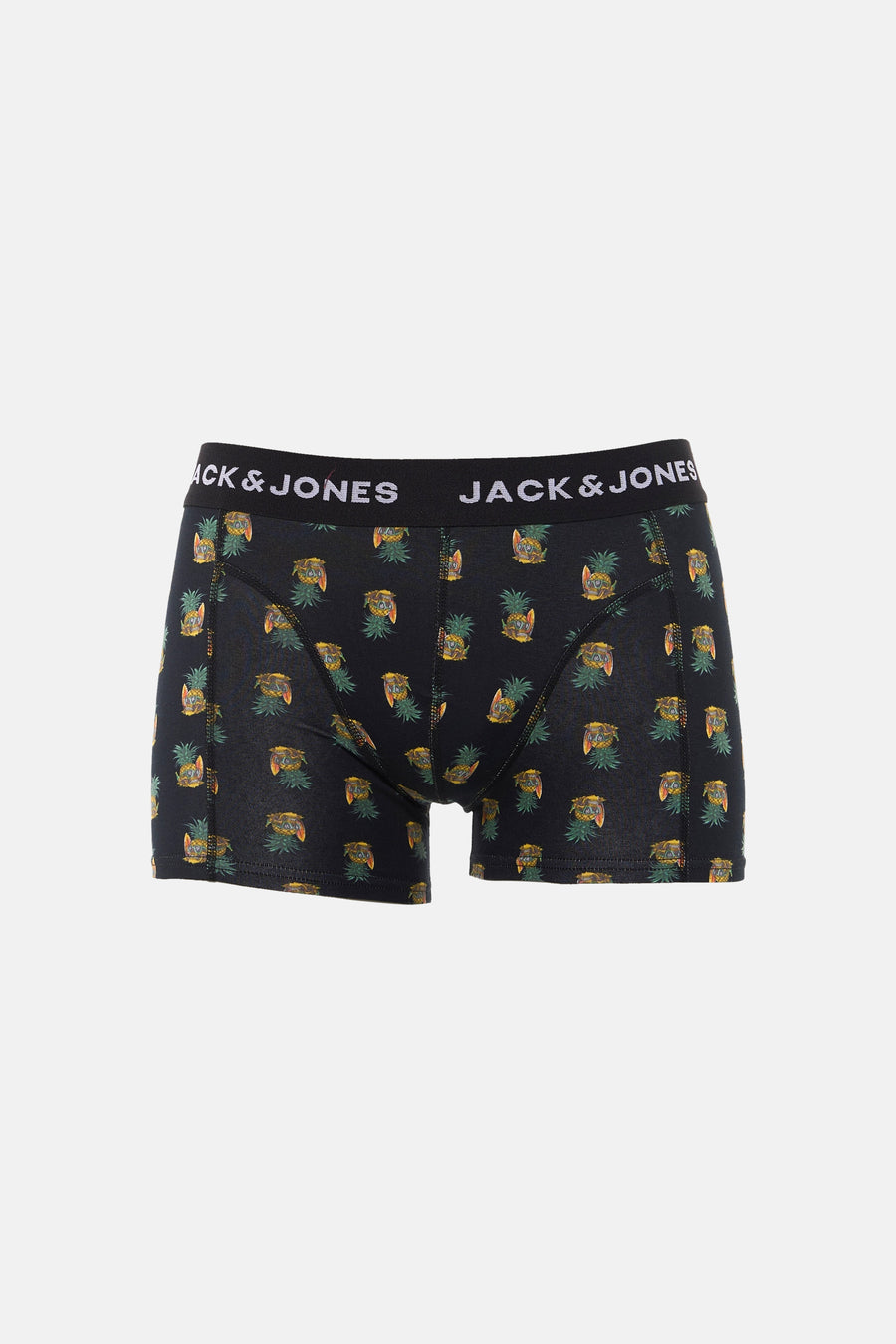 Boxer short noir de Jack & Jones avec un imprimé d'ananas avec des lunettes de soleil et des planches de surf.