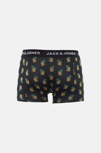 Zwarte boxershort van Jack & Jones met een print van ananassen met zonnebrillen en surfplanken.
