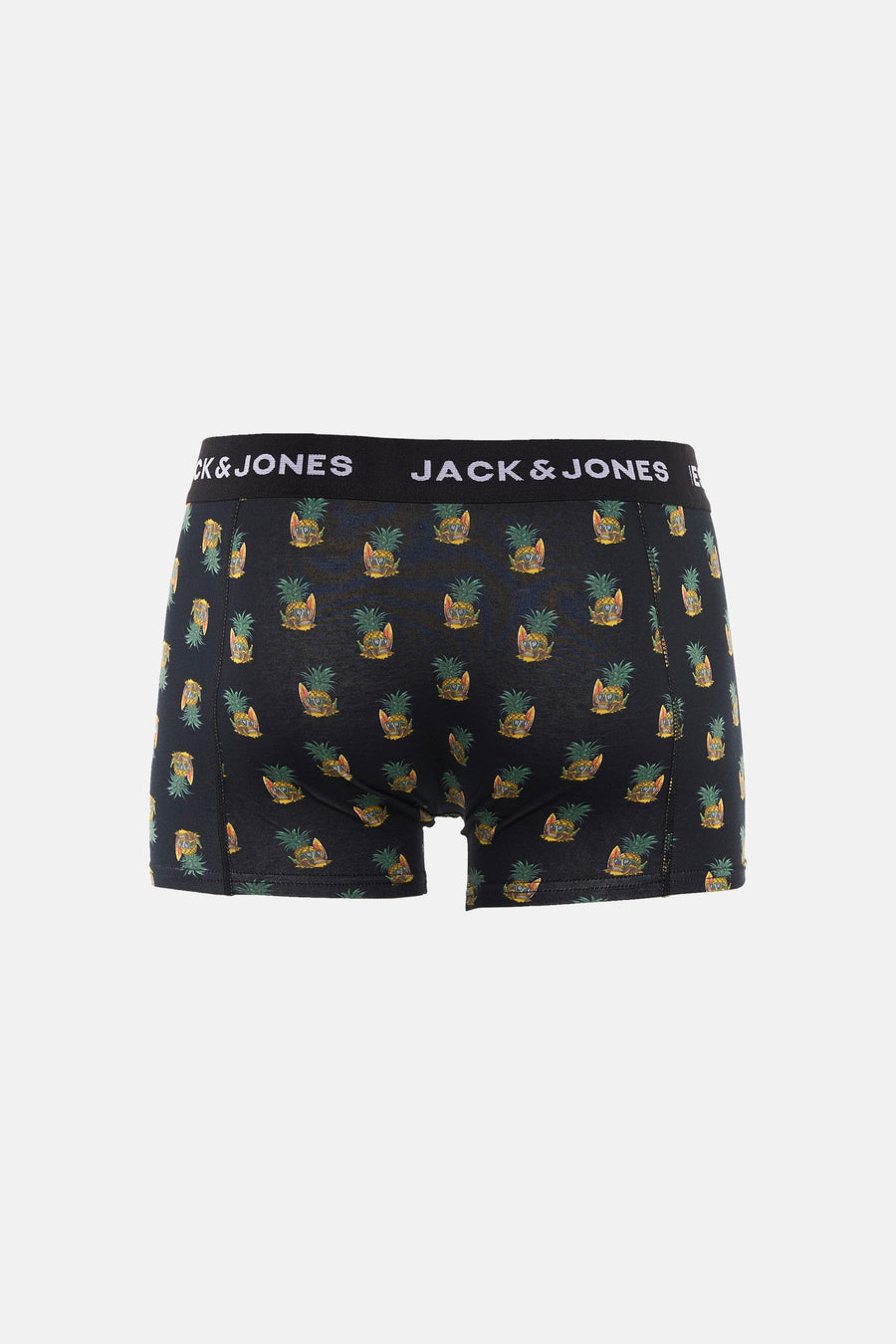 Zwarte boxershort van Jack & Jones met een print van ananassen met zonnebrillen en surfplanken.
