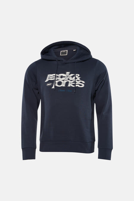 Sweat à capuche bleu de CORE by JACK & JONES, avec impression de logo blanc sur le devant.