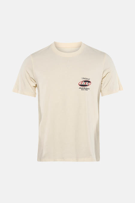 T-shirt écru à manches courtes de ORIGINALS by JACK & JONES, avec un logo sur la poitrine, à combiner avec un jean foncé et des baskets.