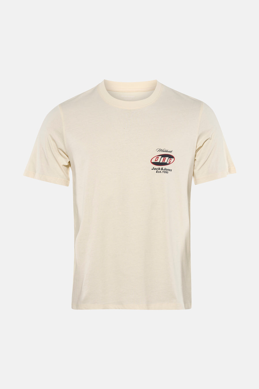 T-shirt écru à manches courtes de ORIGINALS by JACK & JONES, avec un logo sur la poitrine, à combiner avec un jean foncé et des baskets.