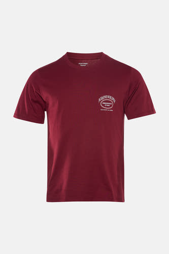 T-shirt rouge à manches courtes de ORIGINALS BY JACK & JONES, avec un petit logo blanc imprimé sur la poitrine.