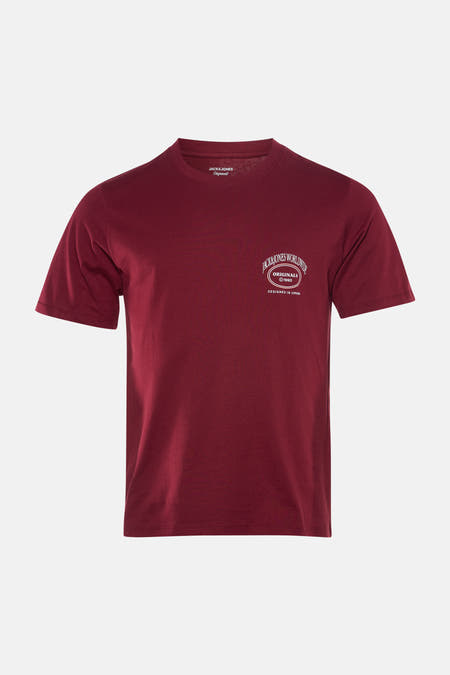 T-shirt rouge à manches courtes de ORIGINALS BY JACK & JONES, avec un petit logo blanc imprimé sur la poitrine.