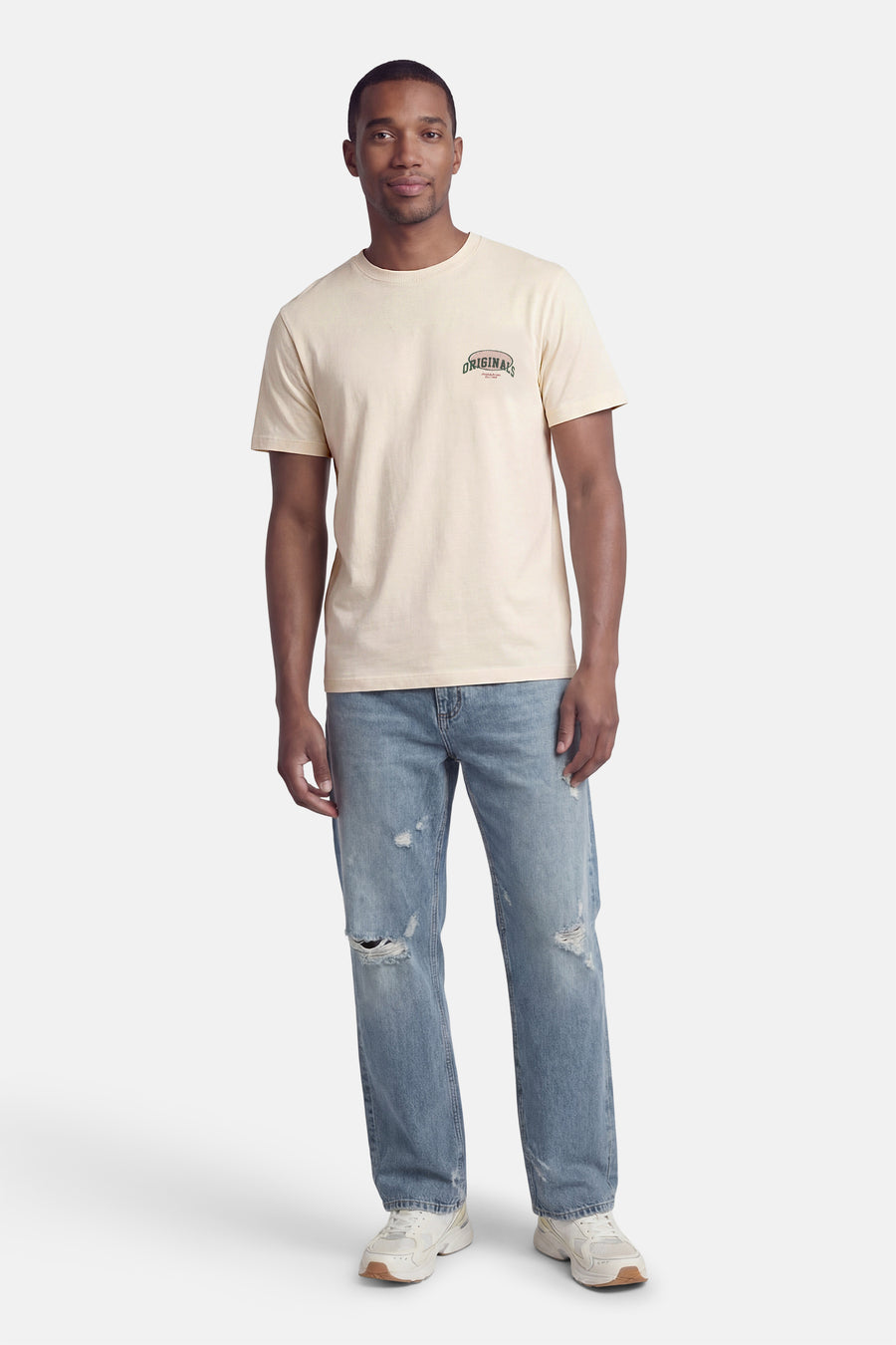 Ecru T-shirt met korte mouwen van ORIGINALS by JACK & JONES, met een kleine print op de borst.