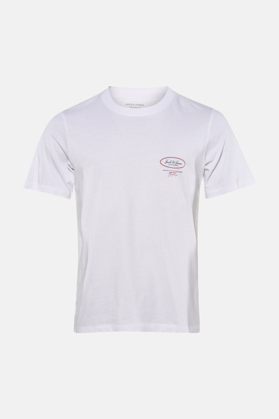 T-shirt blanc à manches courtes de ORIGINALS BY JACK & JONES, porté avec un jean foncé et des baskets blanches.