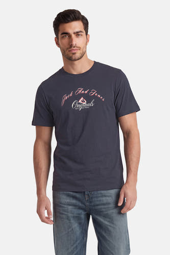 T-shirt gris de Originals by Jack & Jones avec un logo script et un imprimé montagne sur la poitrine, porté par un homme avec un jean.