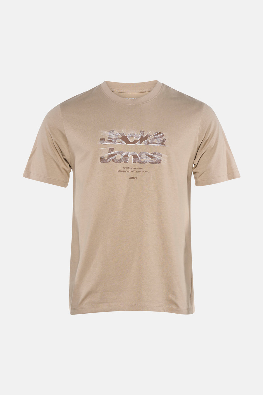 T-shirt beige de CORE BY JACK & JONES avec un grand imprimé graphique 'JACK & JONES' marron clair et texte assorti sur la poitrine.