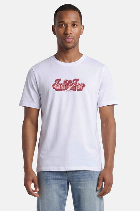 Wit T-shirt met korte mouwen van ORIGINALS BY JACK & JONES met een rode 'Jack & Jones Worldwide Denim Crew 1990' print op de borst.