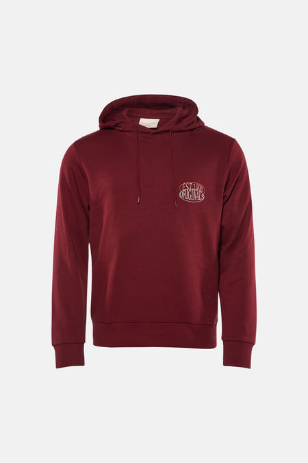 Pull à capuche rouge d'ORIGINALS BY JACK & JONES, vu de dos, à manches longues et de couleur unie.