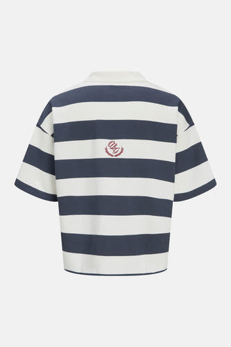 Pull rayé bleu marine et blanc de ORIGINALS BY JACK & JONES, avec col, manches courtes et logo rouge brodé au dos.