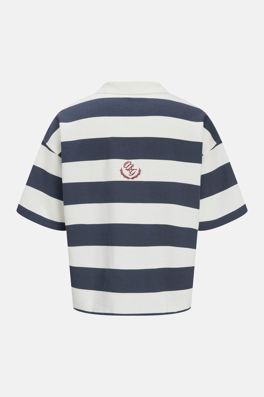 Pull rayé bleu marine et blanc de ORIGINALS BY JACK & JONES, avec col, manches courtes et logo rouge brodé au dos.