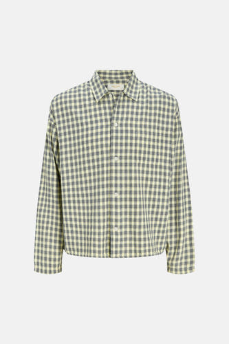 Multicolor geruit overhemd van ORIGINALS BY JACK & JONES, lichtgeel en donkerblauw, knoopsluiting, front view
