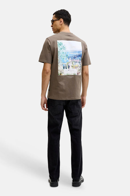 Bruine korte mouw t-shirt van PREMIUM by JACK & JONES met groot landschapprint op rug, gedragen in lifestyle back view.