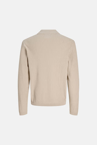 Pull beige côtelé de PREMIUM by JACK & JONES avec col polo, manches longues et poignets côtelés, dos visible.