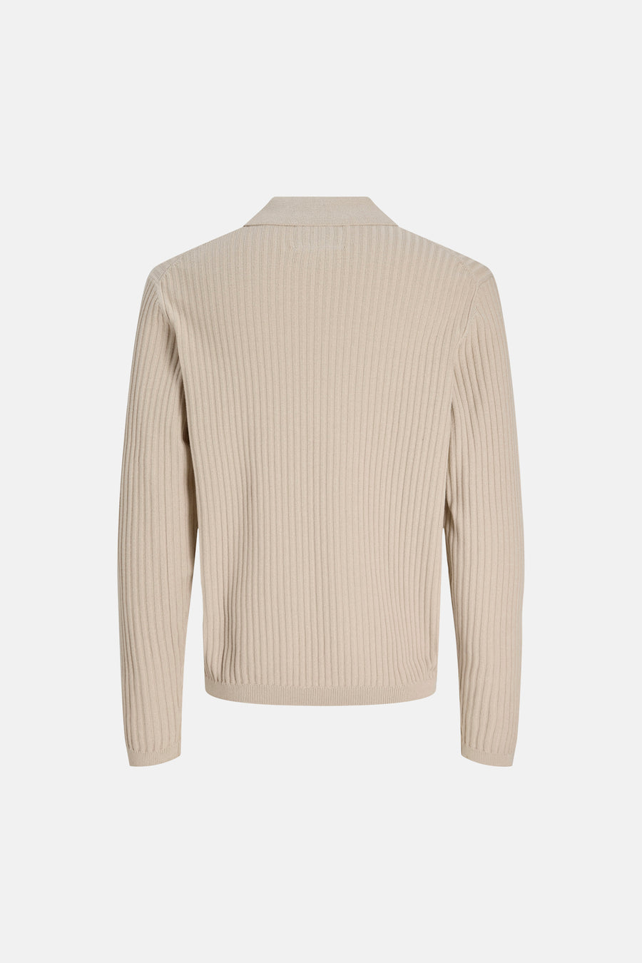 Pull beige côtelé de PREMIUM by JACK & JONES avec col polo, manches longues et poignets côtelés, dos visible.