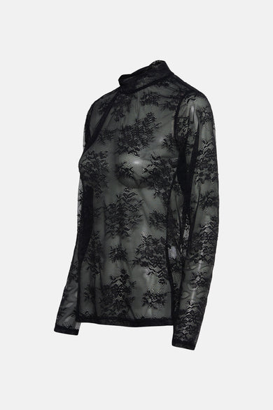 Zwart T-shirt met lange mouwen van Terra di Siena, met een bloemenpatroon van kant.
