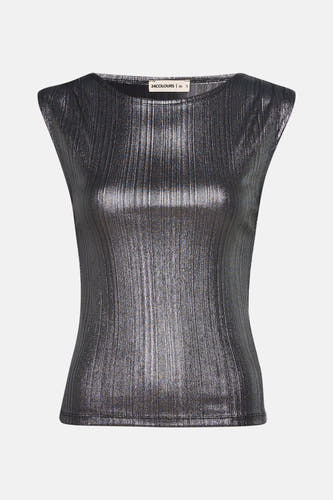 Blouse sans manches de couleur argentée de 24 couleurs, avec des lignes verticales brillantes.