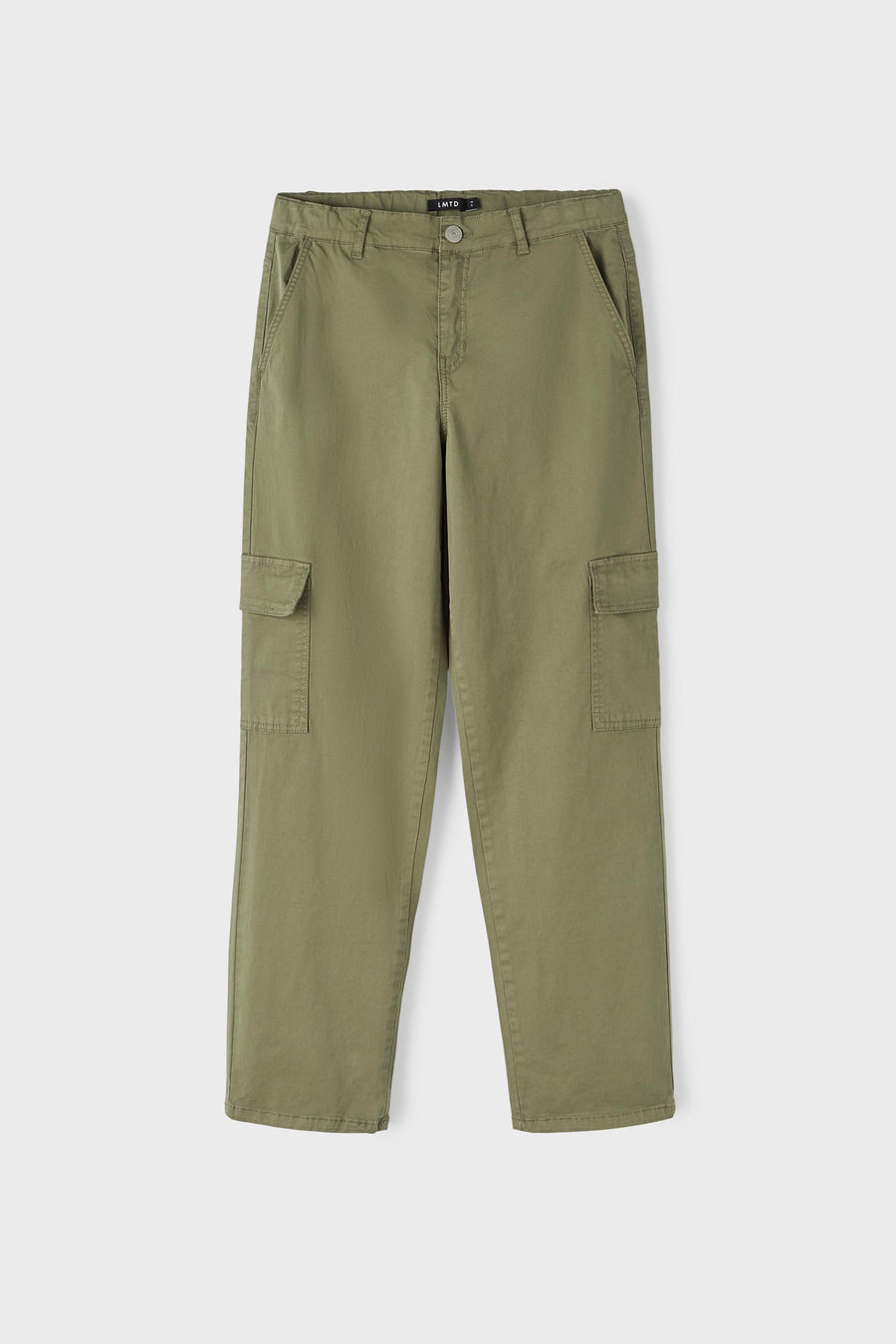 Pantalon de travail vert LMTD, avec une fermeture éclair et un nœud, et une ceinture ajustable.