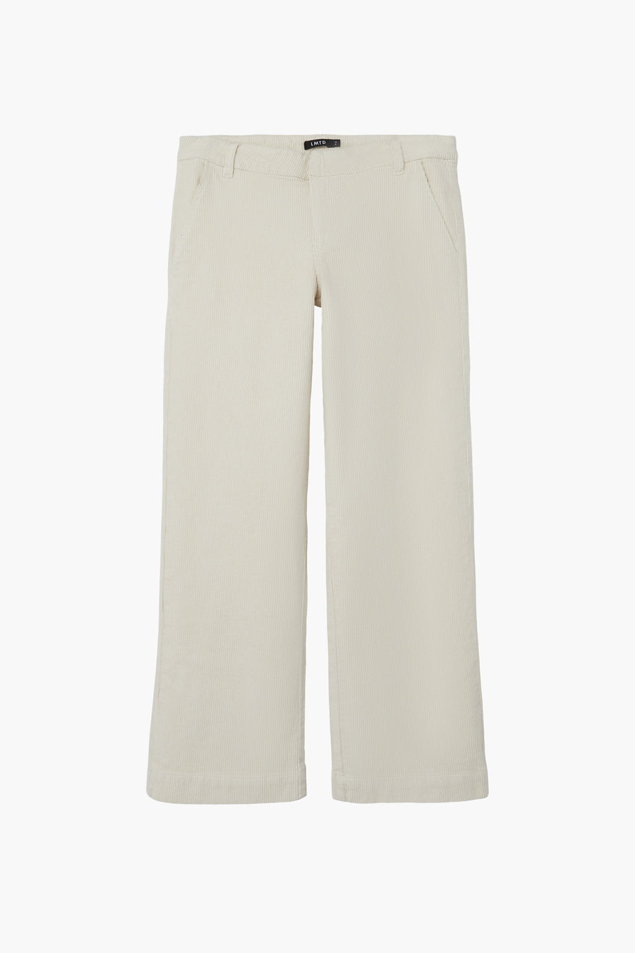 Pantalon de corduroy gris de LMTD, avec des jambes larges et des poches à l'avant.