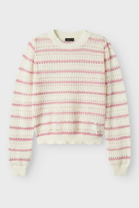 Sweat-shirt multicolore avec col rond de LMTD, avec un motif brodé ouvert et des rayures roses, version courte.