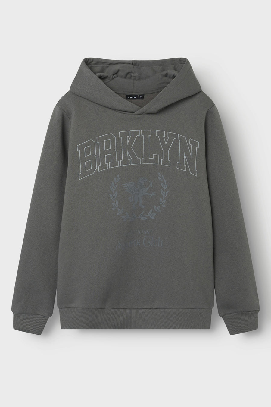 Gilet gris de LMTD, avec un logo et un motif graphique sur l'avant.
