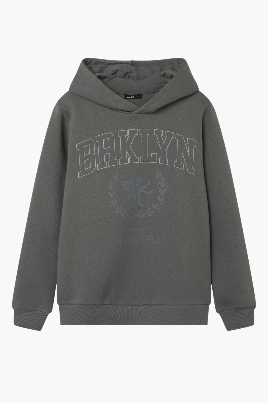 Pull-over gris avec capuche de LMTD, avec le texte 'BRKLYN' et une impression graphique sur l'avant.