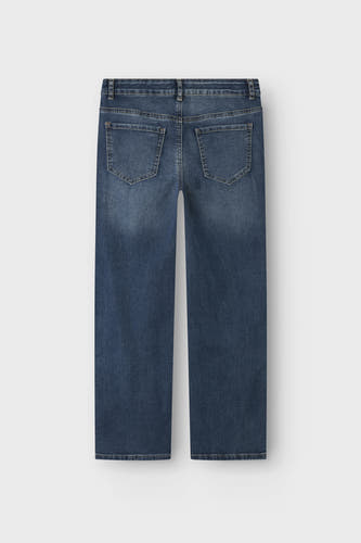 Jean denim bleu marine avec des jambes larges de LMTD, vu de l'arrière.