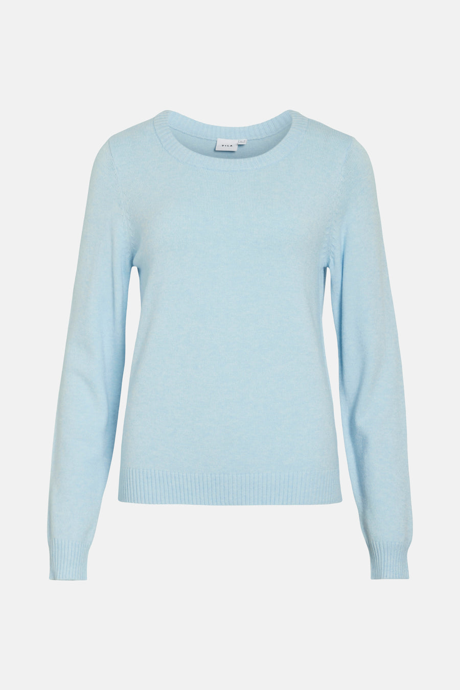 Pull-over bleu rond col VILA®, avec longues manches et une fine texture côtelée.