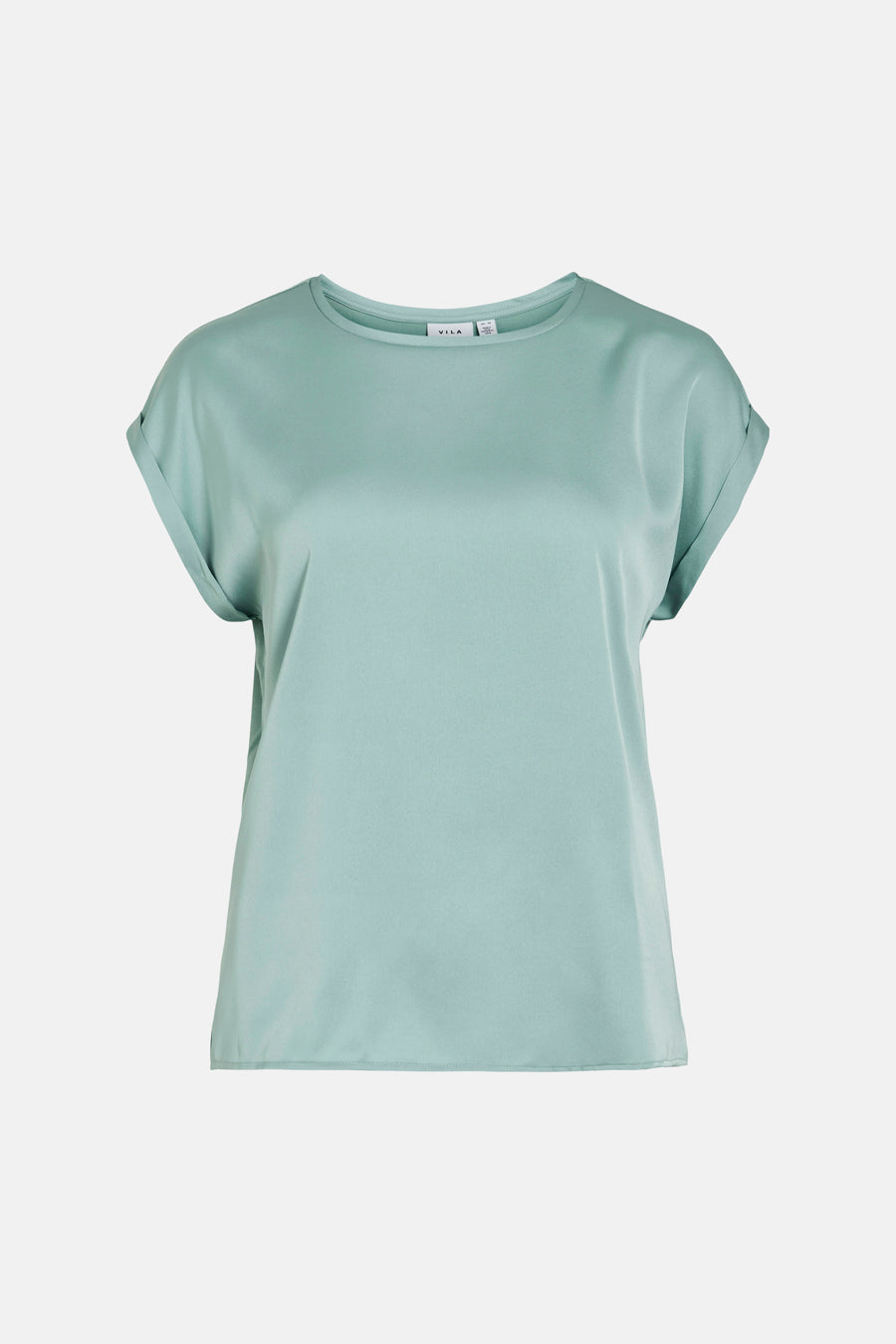 T-shirt bleu de VILA, avec manches courtes retroussées et une texture lisse.