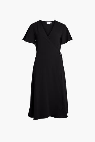 Robe noire à manches courtes de VILA, avec un modèle wrap et une jupe en A.