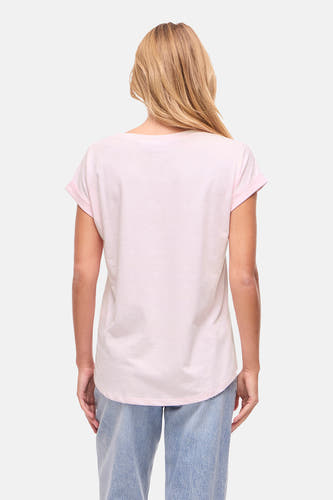 T-shirt à manches courtes rose de VILA®, vu de dos, avec manches retroussées et coupe décontractée.