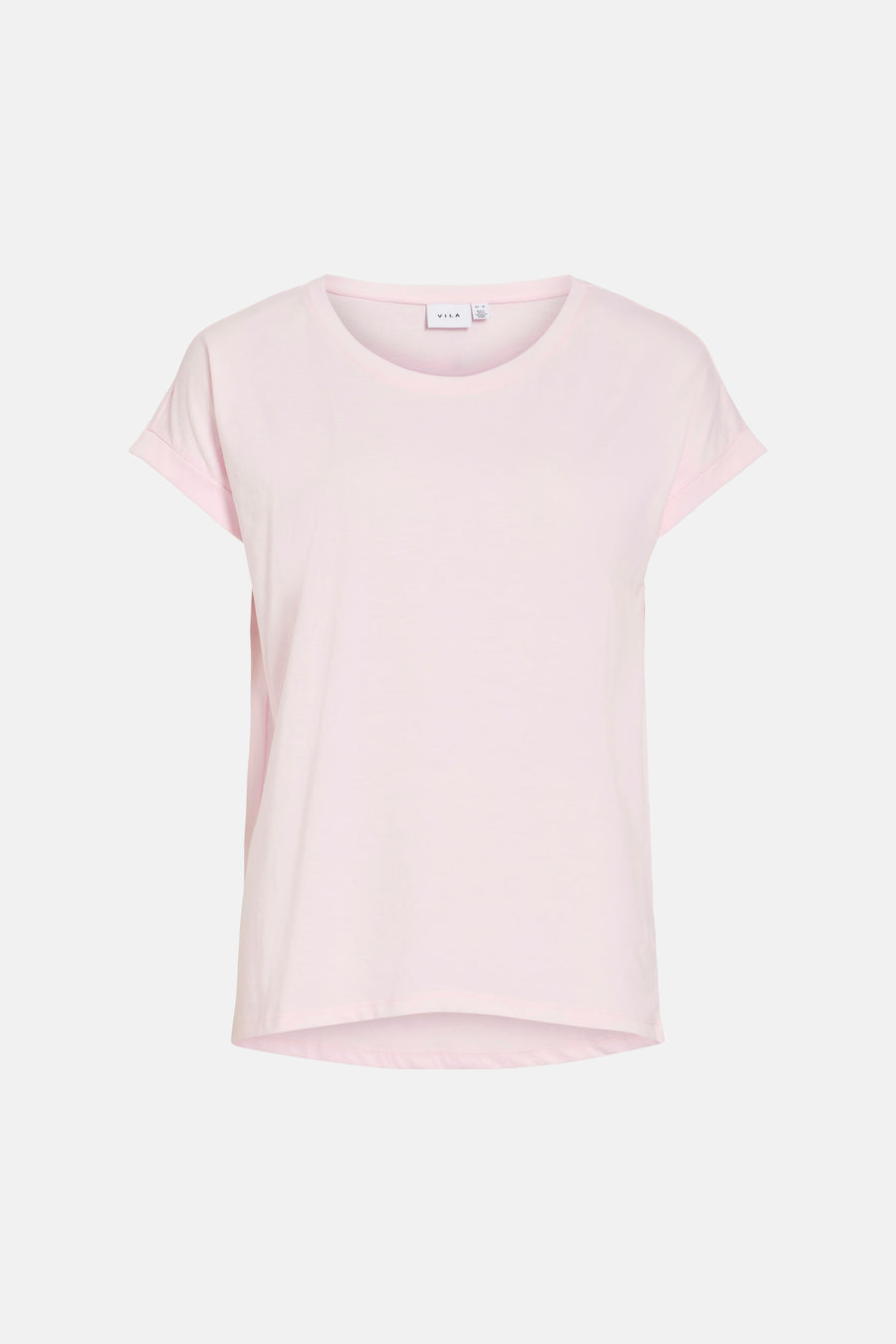 T-shirt à manches courtes rose de VILA, avec manches retroussées et col rond.