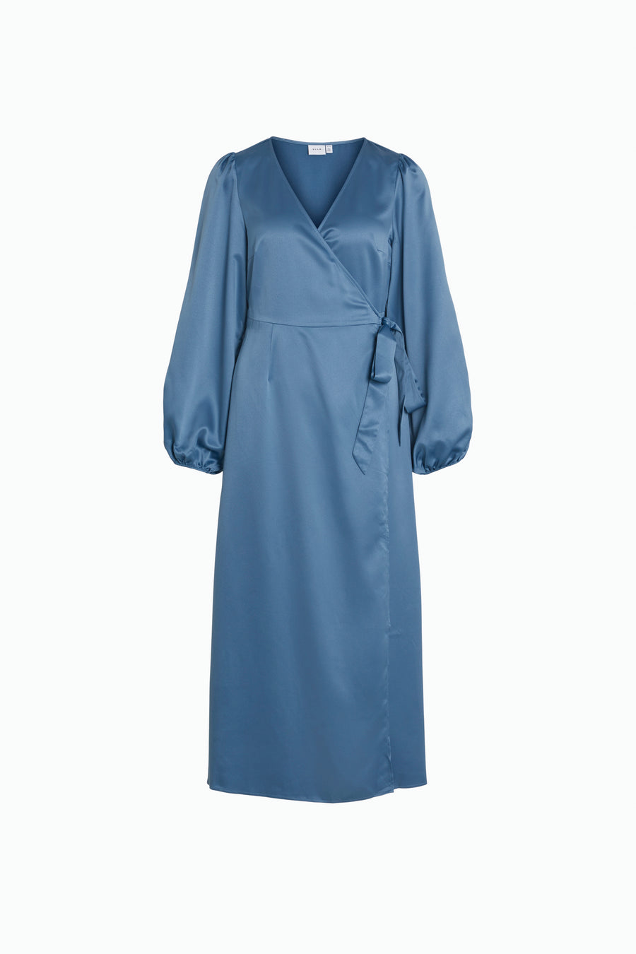 Robe bleue à longues manches de VILA®, avec une ceinture à la taille, en tissu soyeux.