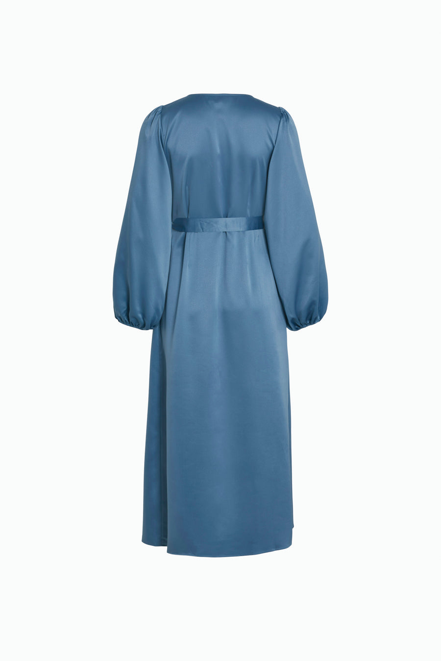 Blauwe jurk met lange mouwen van VILA®, met een ceintuur in de taille, van satijnachtige stof.