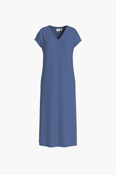 Robe bleue à manches courtes de VILA, d'une couleur unie et avec une encolure en V.