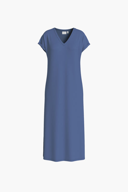 Robe bleue à manches courtes de VILA, d'une couleur unie et avec une encolure en V.